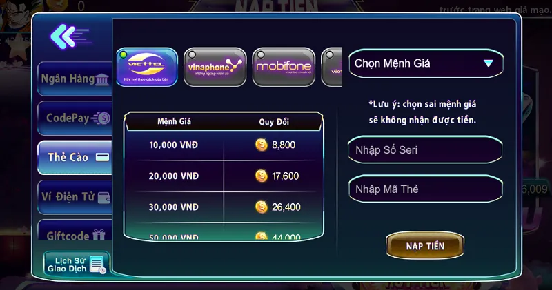 Nạp tiền 789Club bằng card Viettel