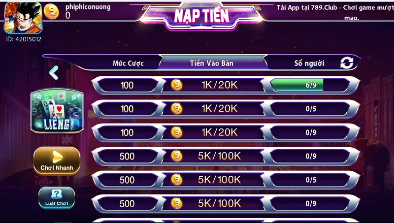 Liêng tại 789Club có lựa chọn bàn chơi đa dạng