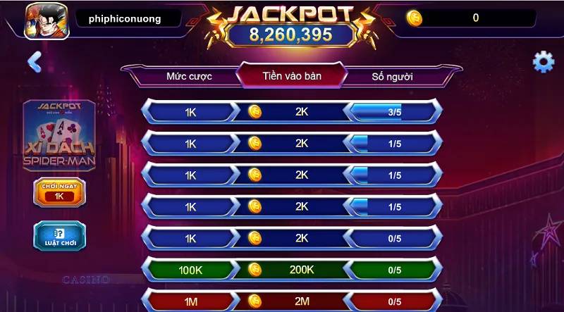 Xì dách Spiderman cung cấp nhiều mức đặt cược