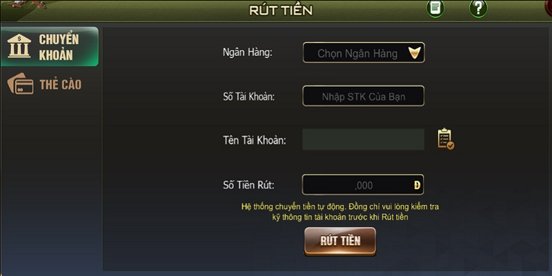 Rút tiền B52Club thông qua tài khoản ngân hàng