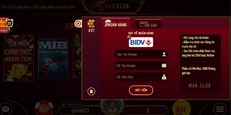 Rút tiền ManClub thông qua kênh ngân hàng
